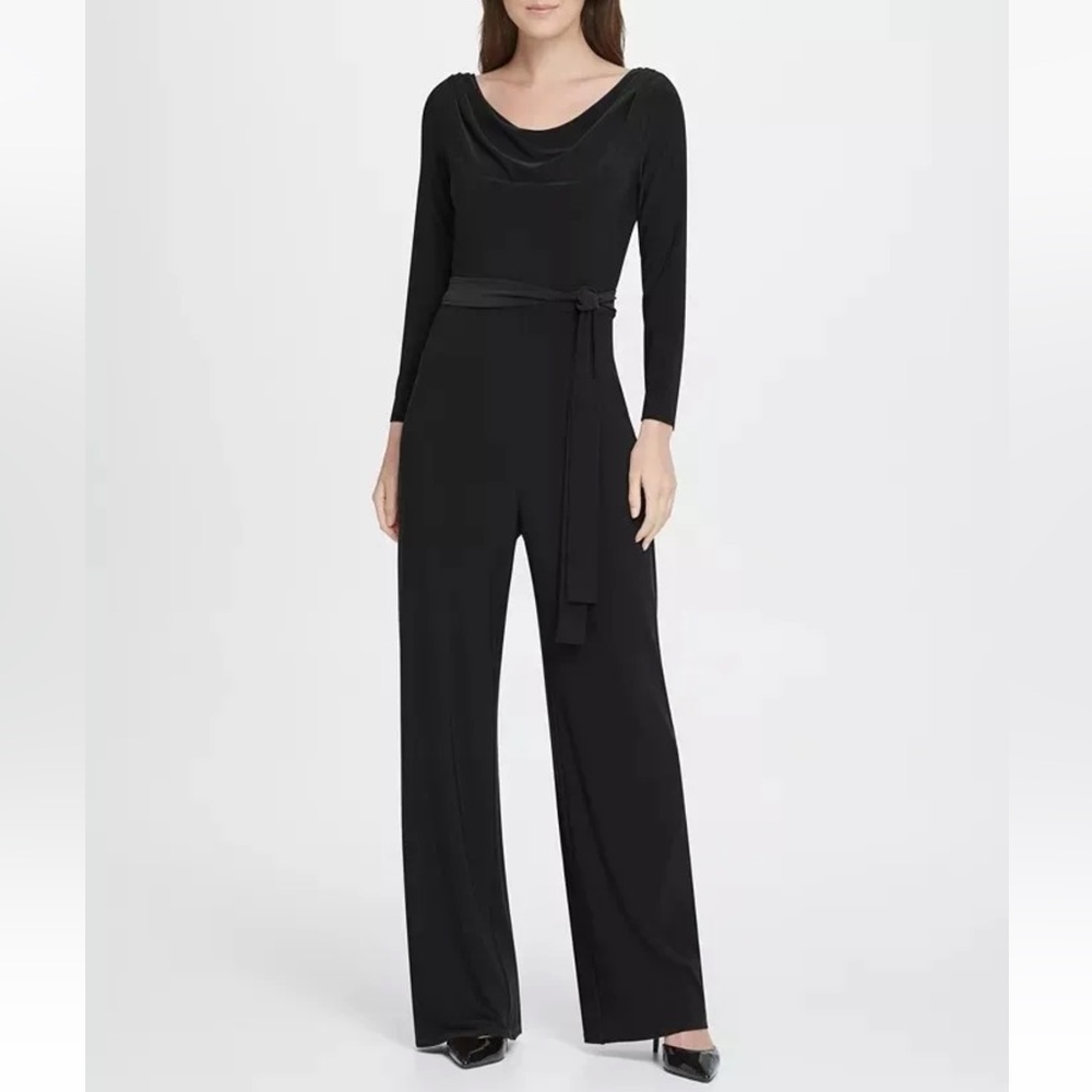 DKNY Women's Black Jersey Cowl Neck Belted Jumpsuit Size 8 New With Tag- Reemoly